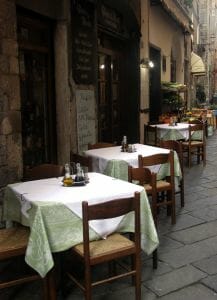 Saving money when dining out. Restaurant tables in street.