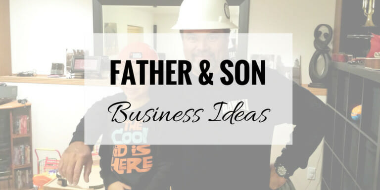 Father and son posing for photograph while wearing construction hard hats.