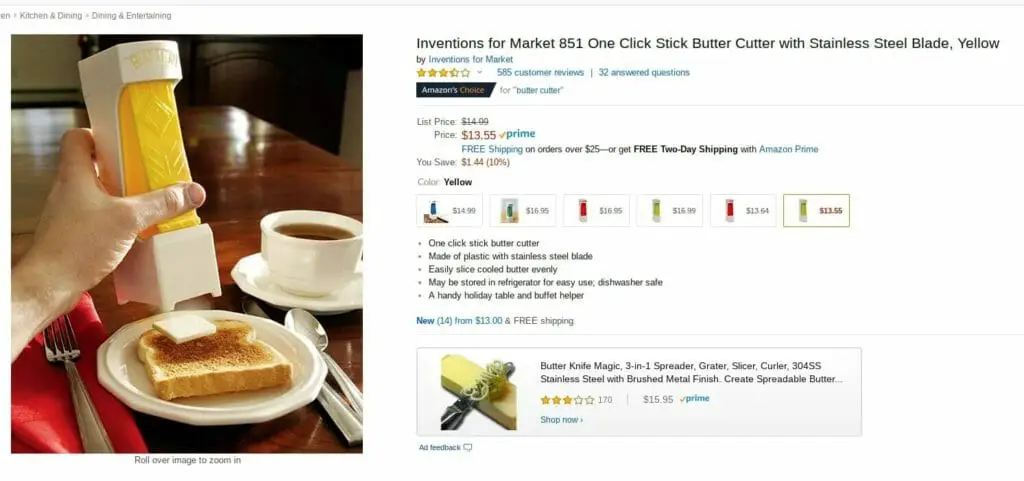 Screen capture of an Amazon listing for a butter cutting device. It is well reviewed.