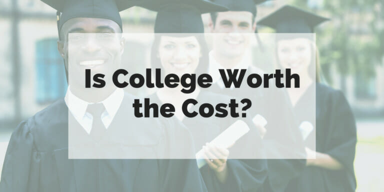 College graduates staggered in a line with the text "Is college worth the cost?" super-imposed over the image.