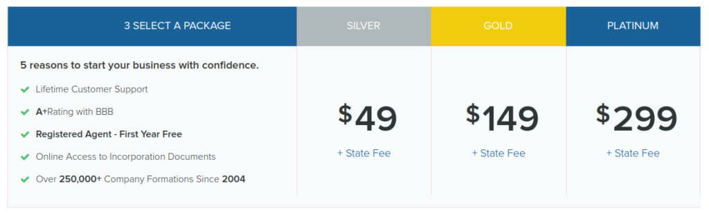 This is a list of IncFiles packages. The packages are Silver, Gold and Platinum. The Silver package is $49 plus state fees, the Gold package is $149 plus state fee, and the Platinum package is $299 plus state fees.