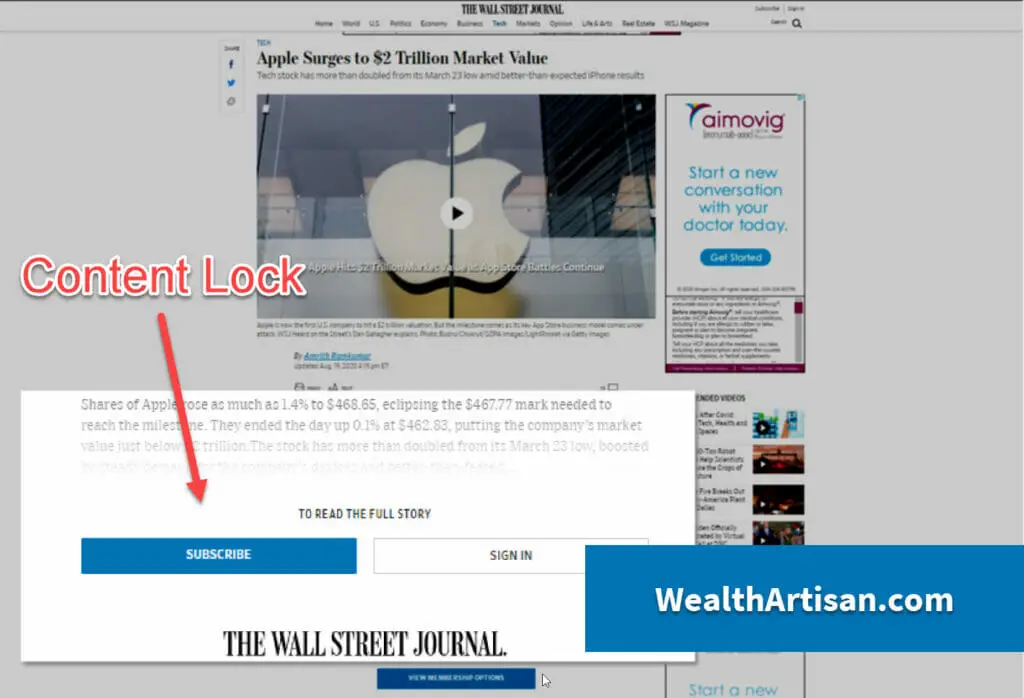 Content locking example from Wall Street Journal via WealthArtisan.com