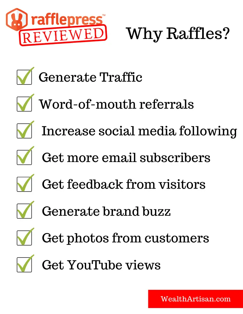 List of benefits to running raffles and giveaways on your website. You can generate traffic, referrals, social media followers, email subscribers, feedback, brand buzz, YouTube views, and more!