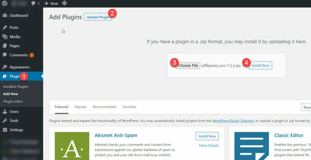 How to upload RafflePress into WordPress dashboard.