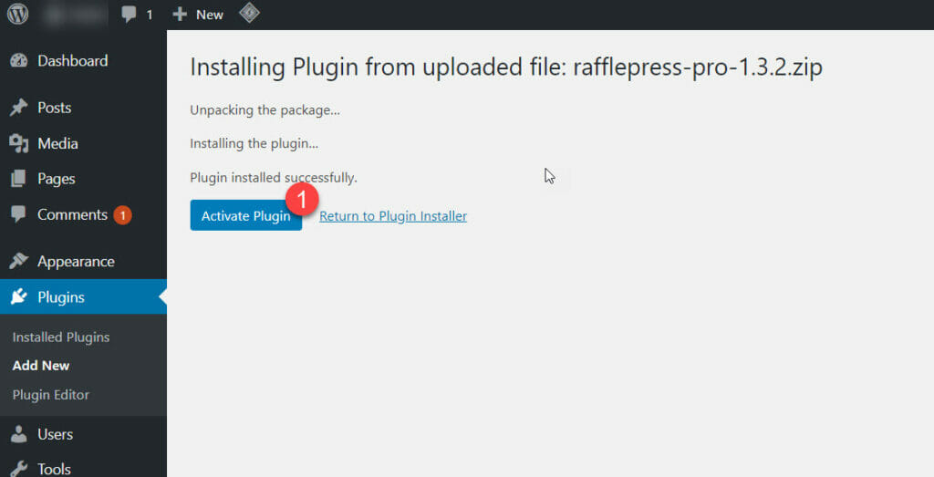 Activating the RafflePress plugin in WordPress.