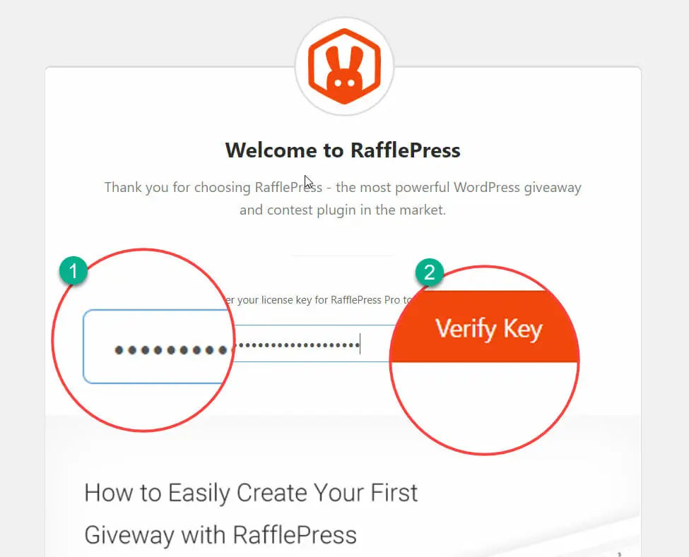 Verifying your RafflePress license key steps.