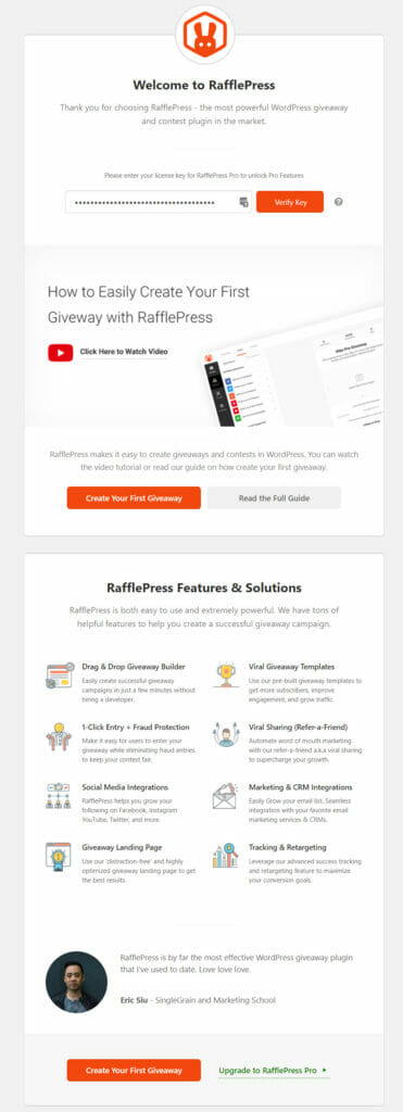 RafflePress welcome splash page after you install and activate the RafflePress plugin.