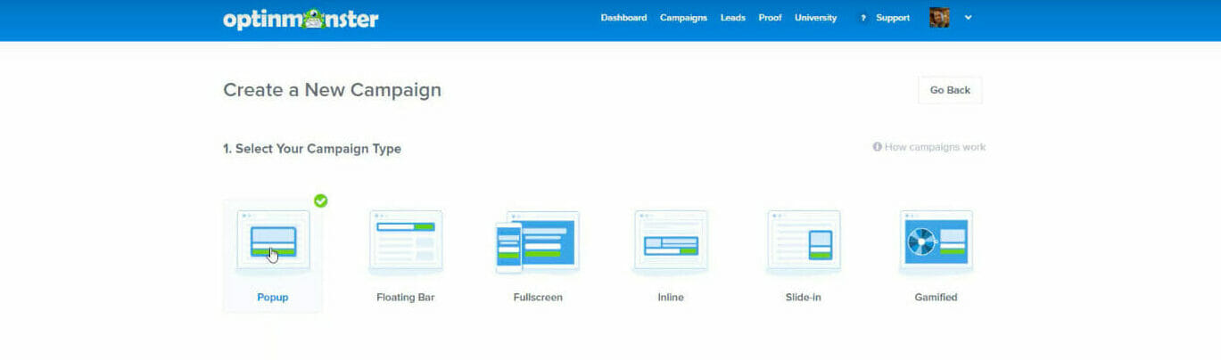 OptinMonster dashboard - choose template