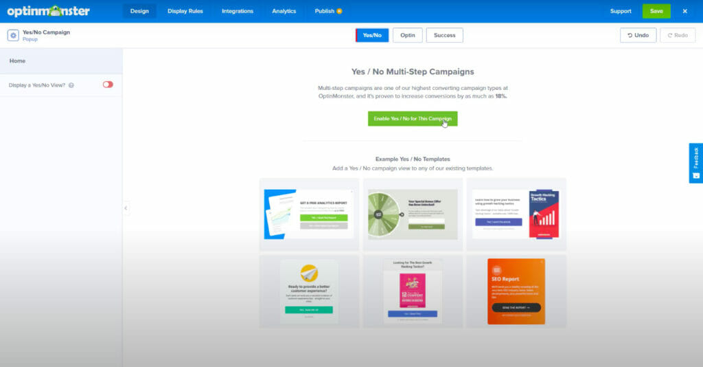 OptinMonster optin builder - enable yes/no multistep campaign
